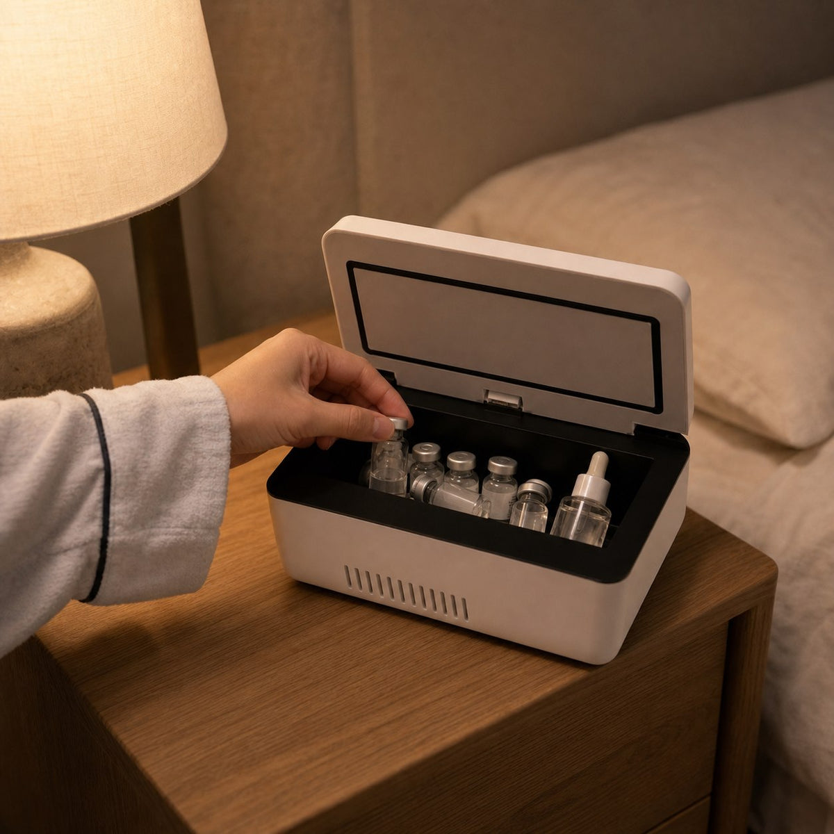 Open compact peptide cooler with organized vials on a bedroom nightstand