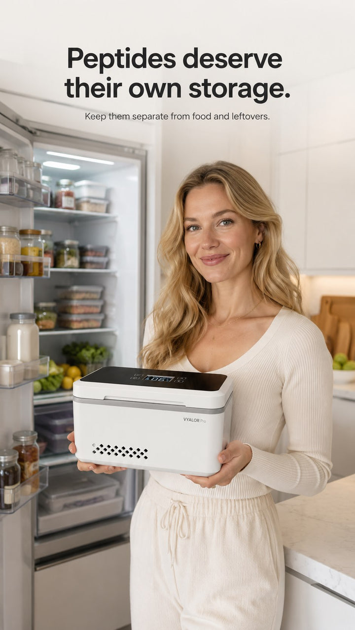 Woman holding a VYALOR Pro beside an open household refrigerator with food
