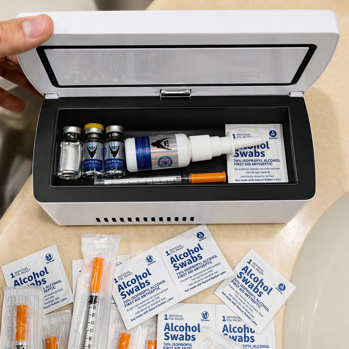 Open VYALOR portable cooler with organized vials, pen and travel supplies